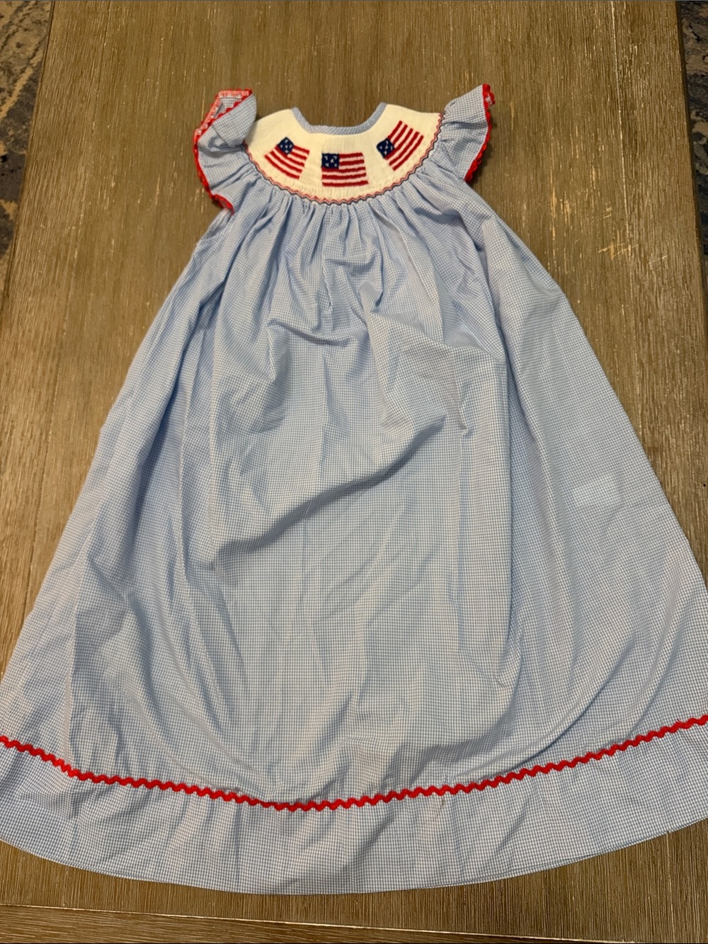 Girls' Light Blue Smocked Flag Dress with Red Trim